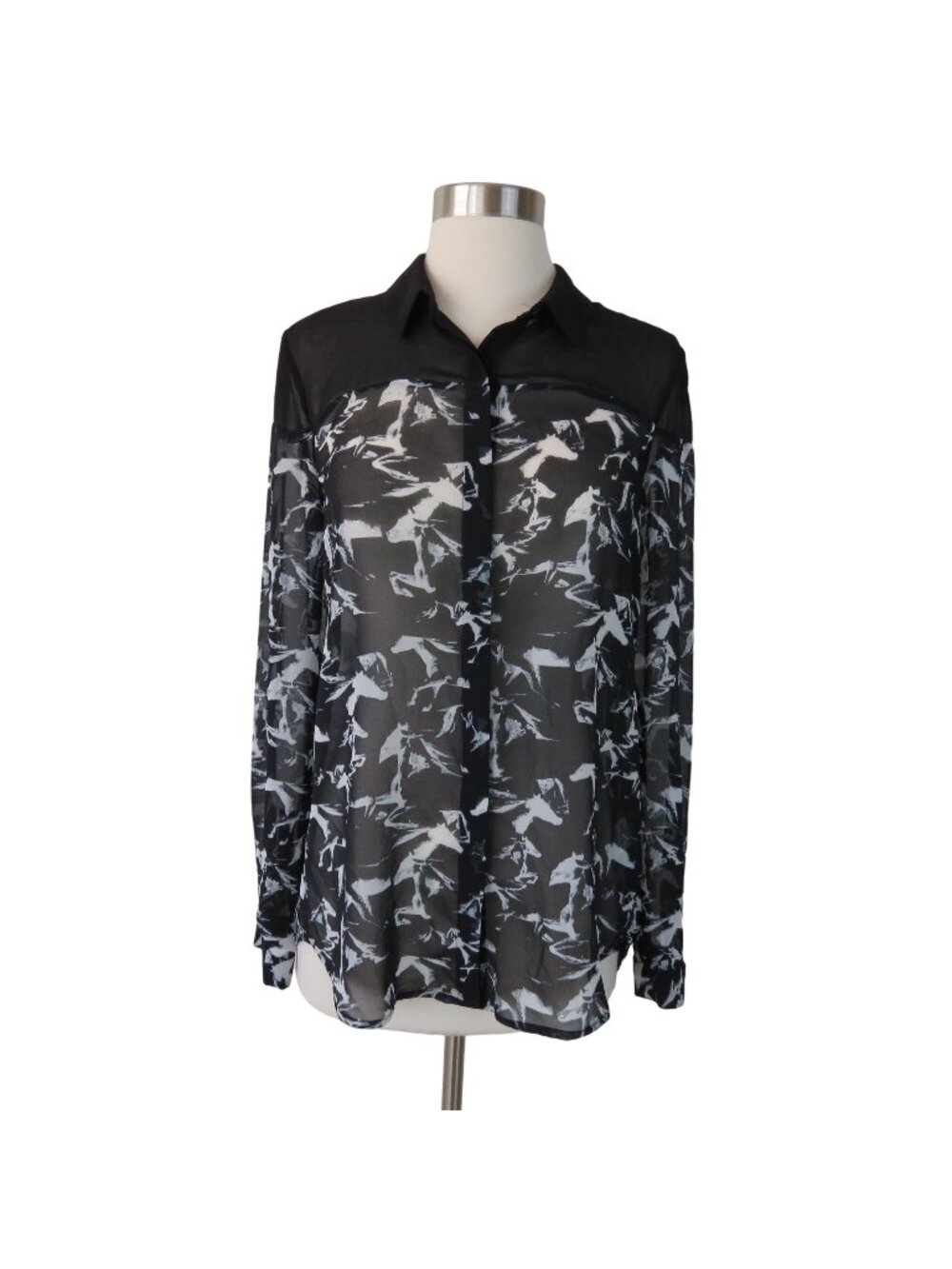 FRENCH CONNECTION Blouse Women's Black White Hatched Horses Sheer Size 6